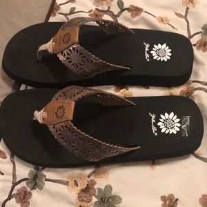 Yellow Box platinum flip flops (very comfy)